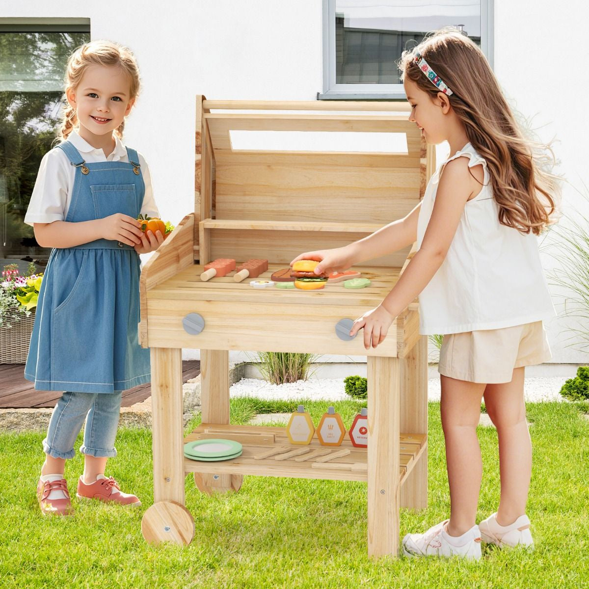 Wooden Barbecue Grill Toy Set with Play Food & Grilling Tools for Kids | Pretend Play Outdoor BBQ Kitchen