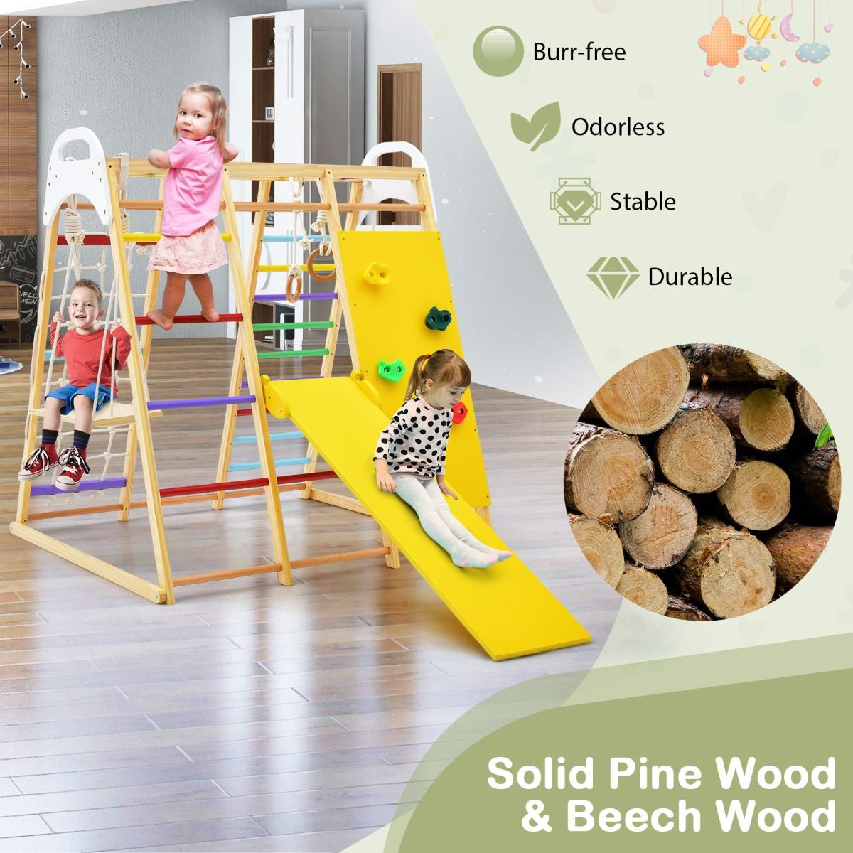 8-in-1 Wooden Jungle Gym Climber Playset with Slide, Swing & Monkey Bars | Indoor Kids Play Tower