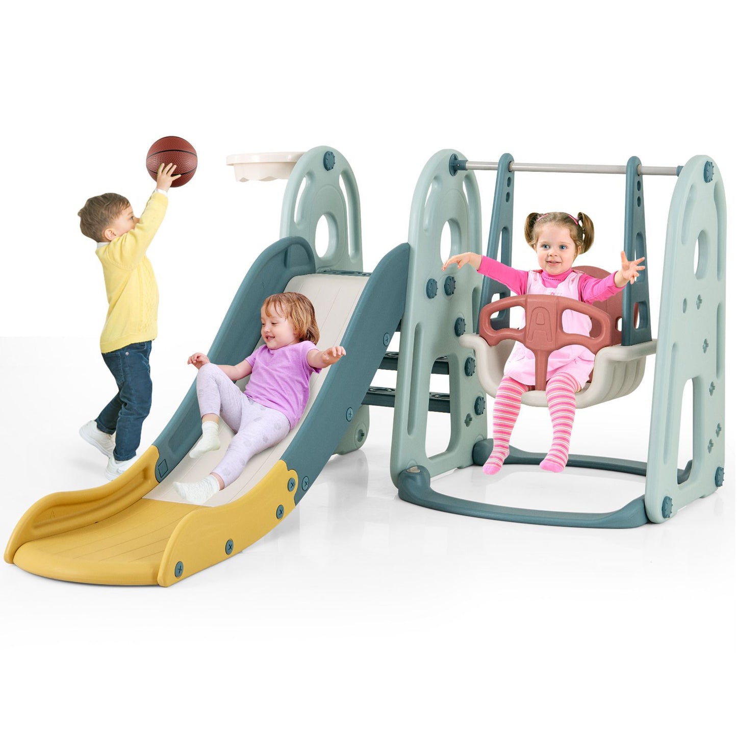 4-in-1 Freestanding Kids Slide and Swing Playset