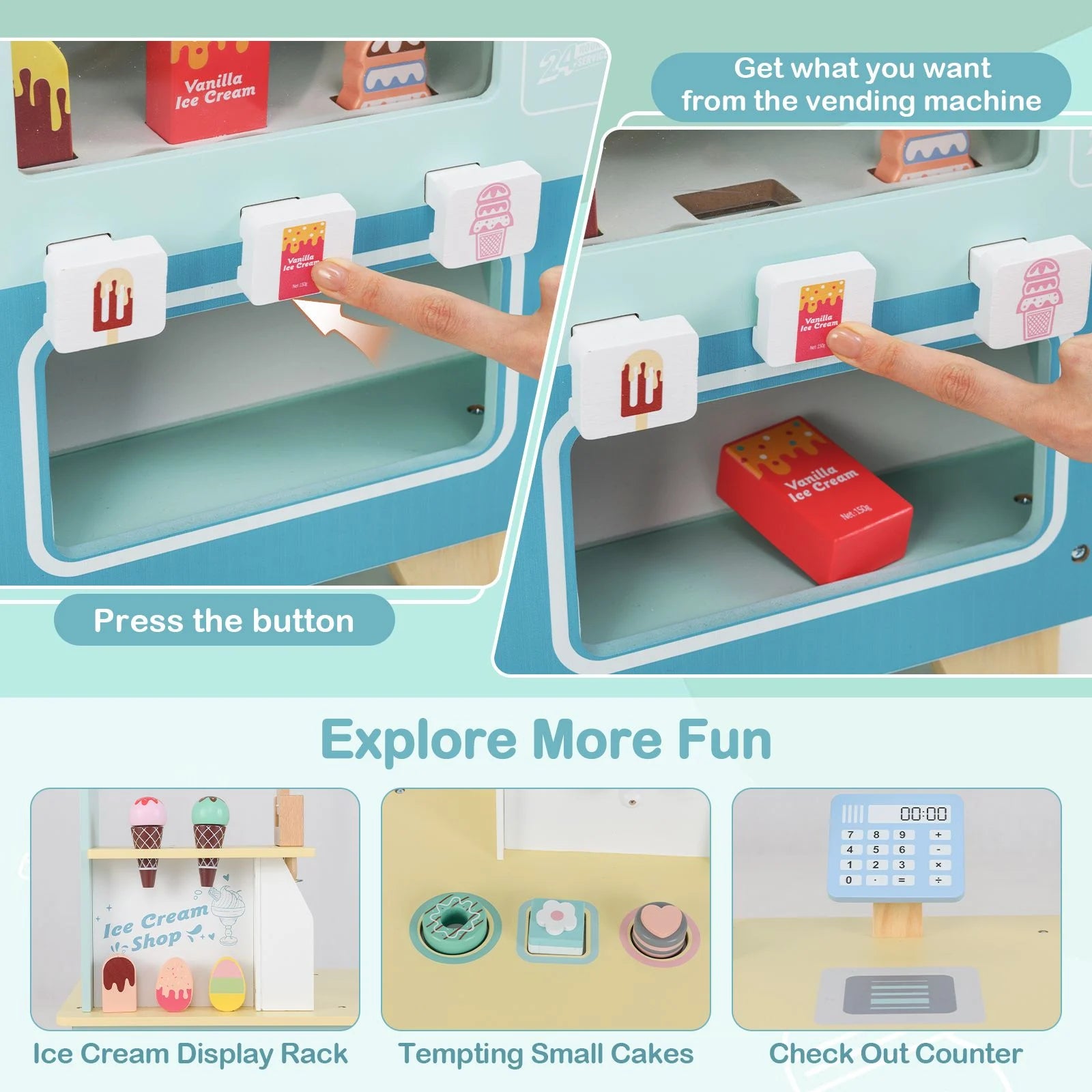 Wooden Kids Ice Cream Cart Pretend Play Set | Toddler Ice Cream Truck with Vending Machine & Accessories | Montessori Role Play Toy Ages 3+