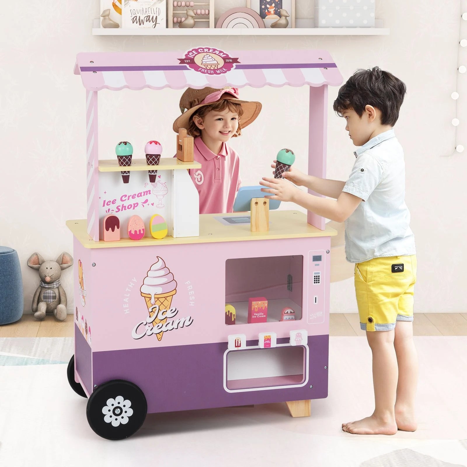 Wooden Kids Ice Cream Cart Pretend Play Set | Toddler Ice Cream Truck with Vending Machine & Accessories | Montessori Role Play Toy Ages 3+