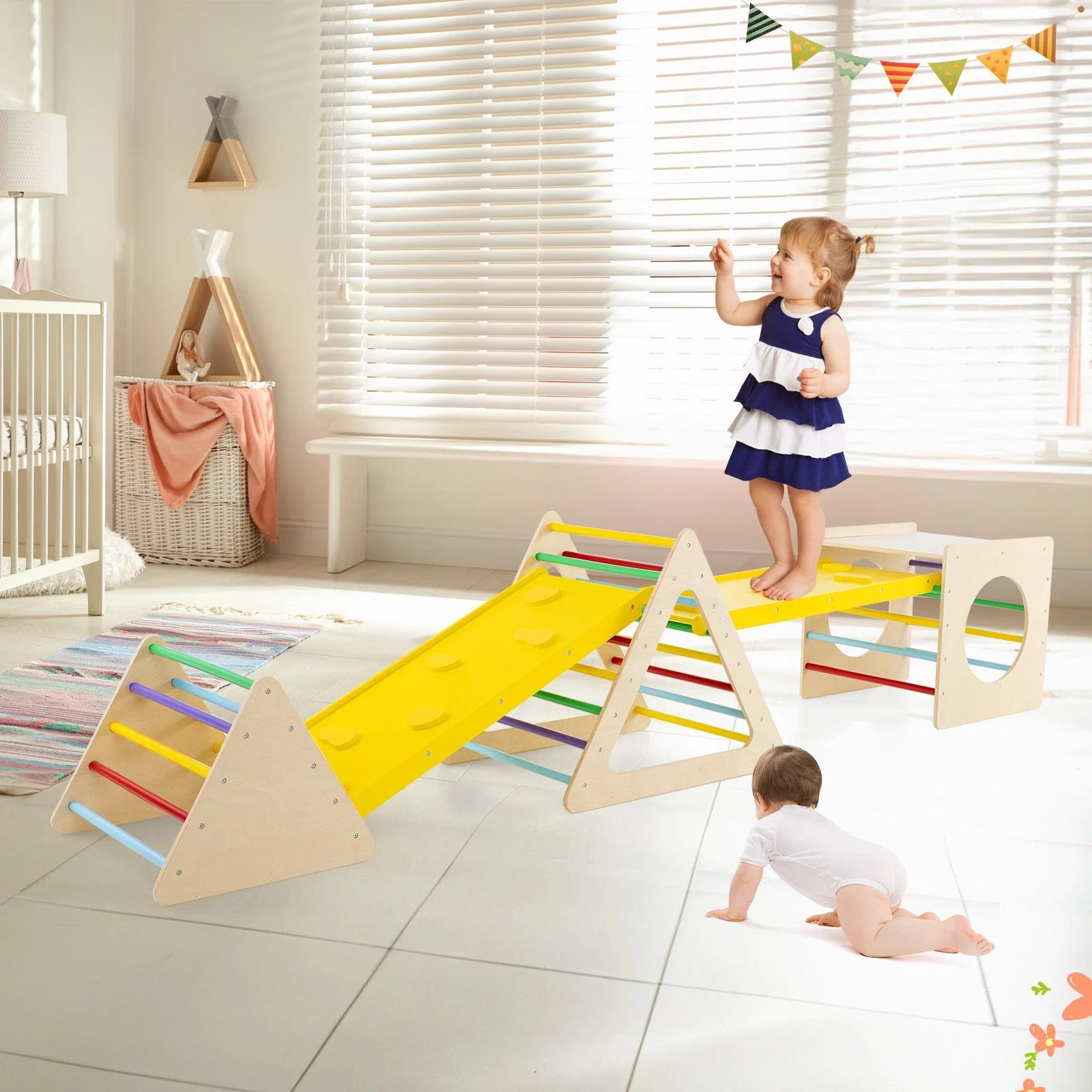 6-in-1 Wooden Toddler Climbing Set | Montessori Triangle Climber, Cube & Slide for Indoor Play