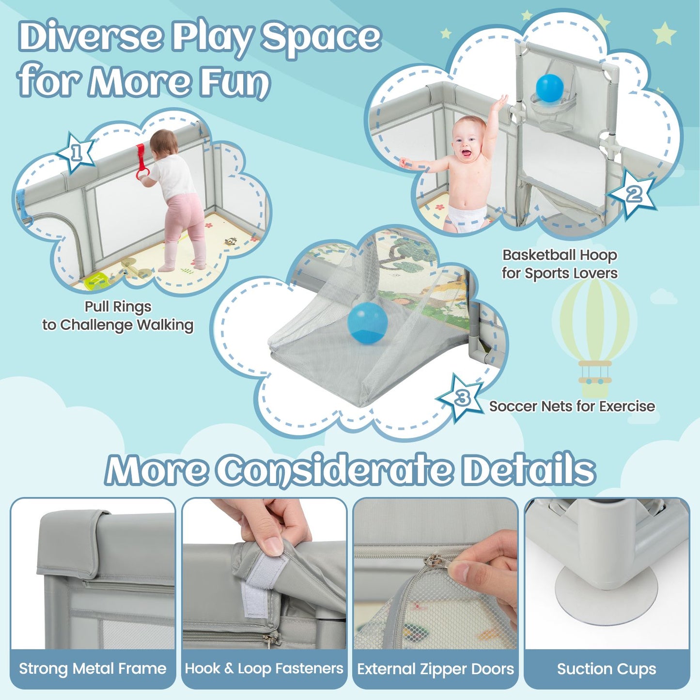 Large Baby Playpen with Safety Mat, Basketball Hoop & 50 Ocean Balls | Indoor & Outdoor Activity Centre