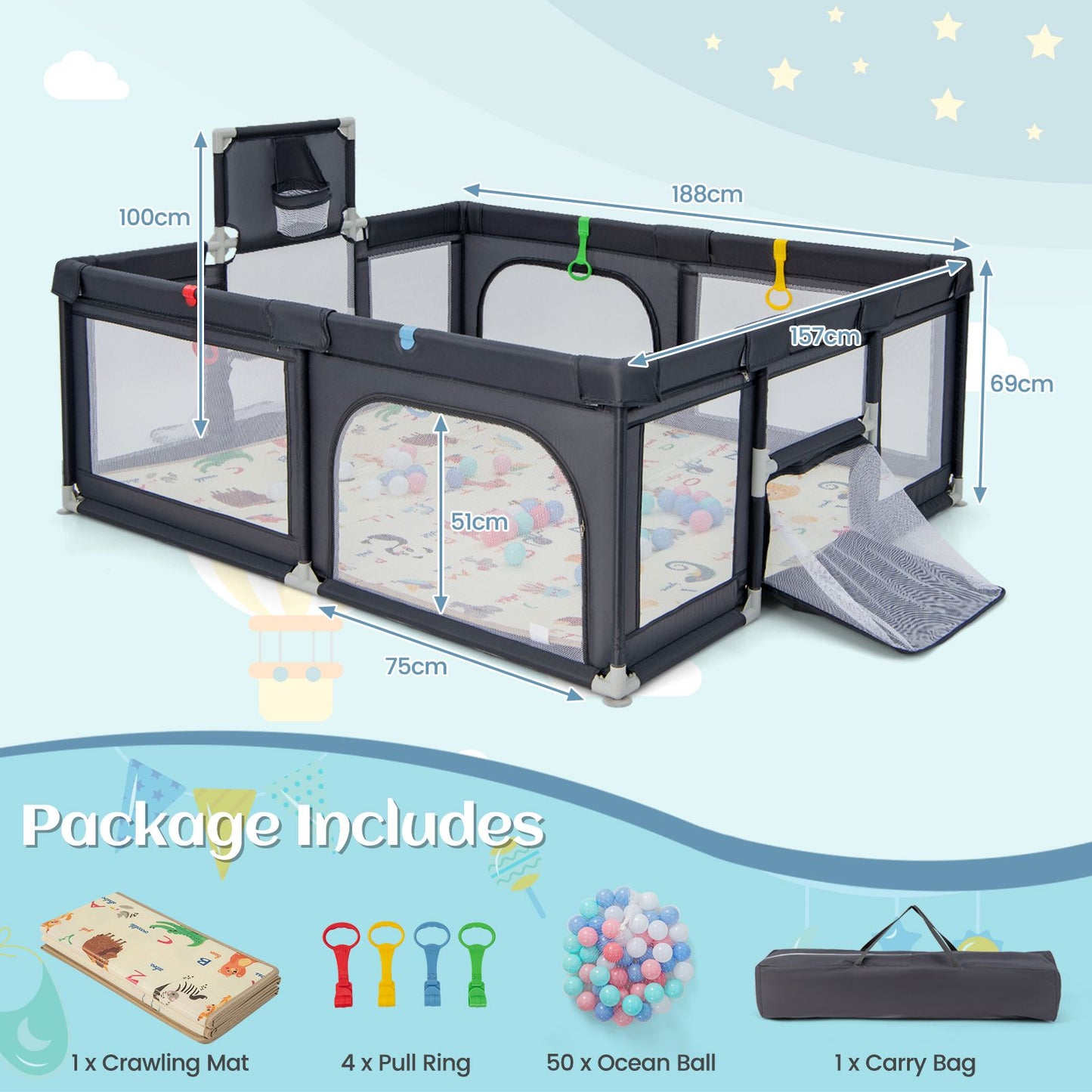 Large Baby Playpen with Safety Mat, Basketball Hoop & 50 Ocean Balls | Indoor & Outdoor Activity Centre
