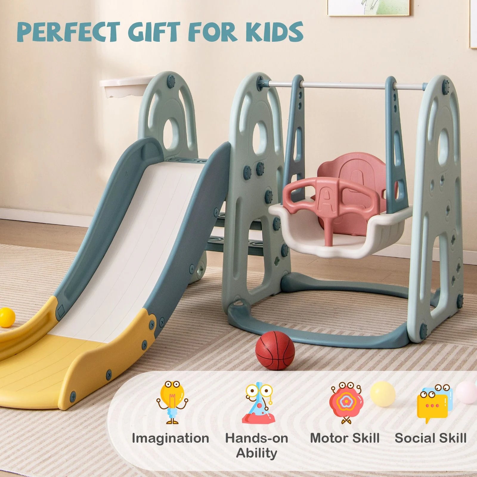 4-in-1 Freestanding Kids Slide and Swing Playset
