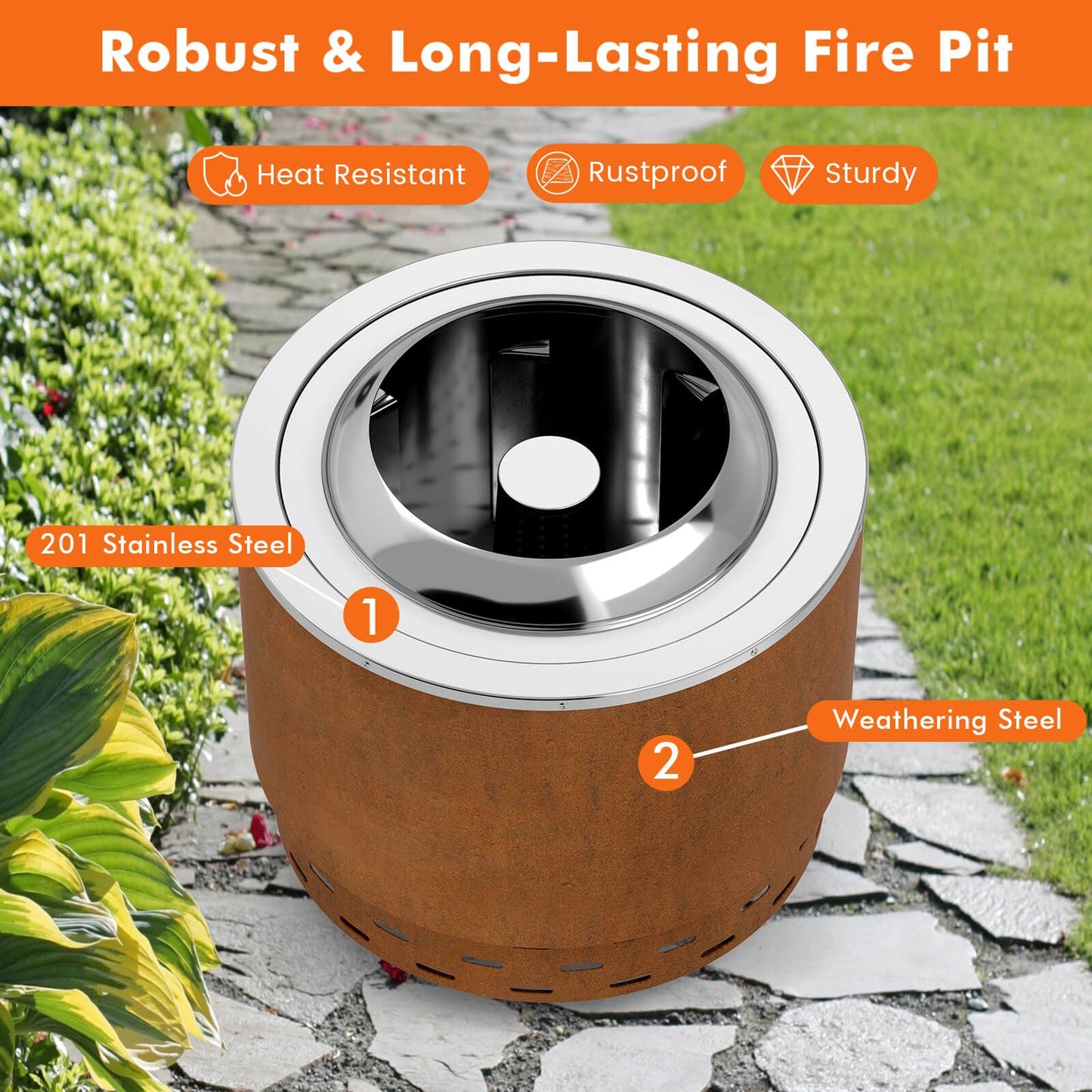 49 cm Smokeless Stainless Steel Fire Pit with Weather-Resistant Steel Exterior