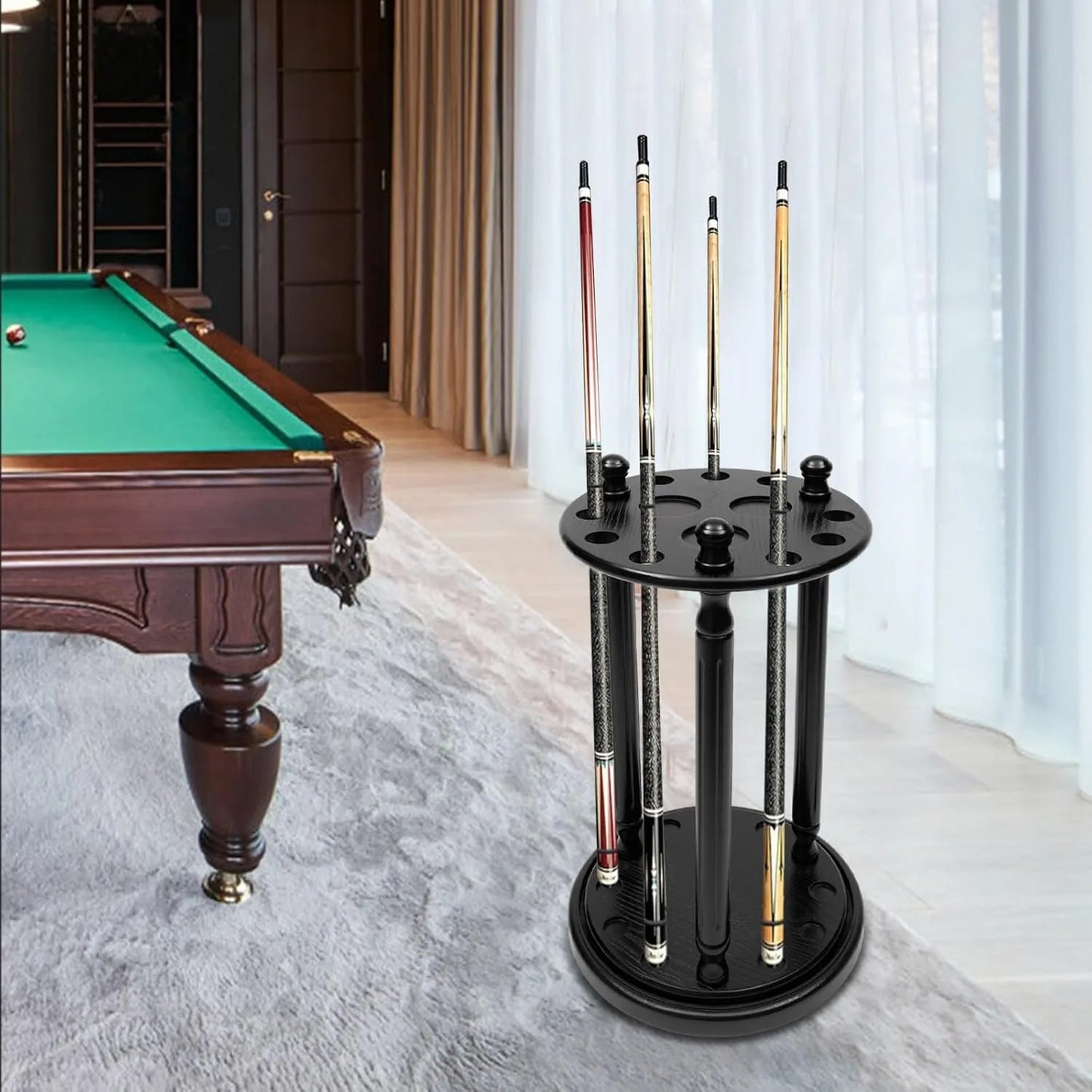 Wood Billiard Cue Rack 9 Pool Cue Holder Revolving Billiard Stick Cue Rack Pool Cue Holder Floor Stand (Black)