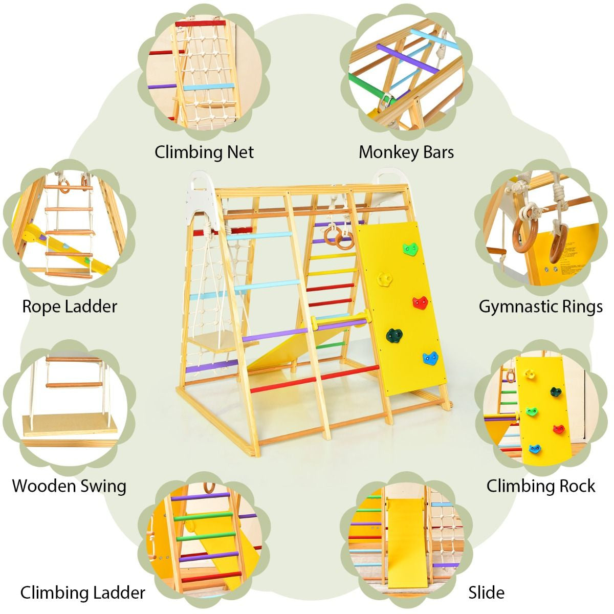 8-in-1 Wooden Jungle Gym Climber Playset with Slide, Swing & Monkey Bars | Indoor Kids Play Tower