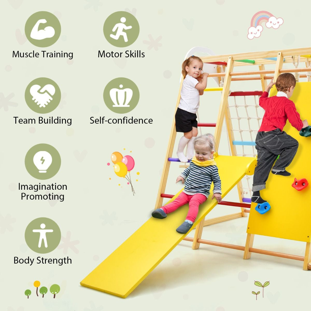 8-in-1 Wooden Jungle Gym Climber Playset with Slide, Swing & Monkey Bars | Indoor Kids Play Tower