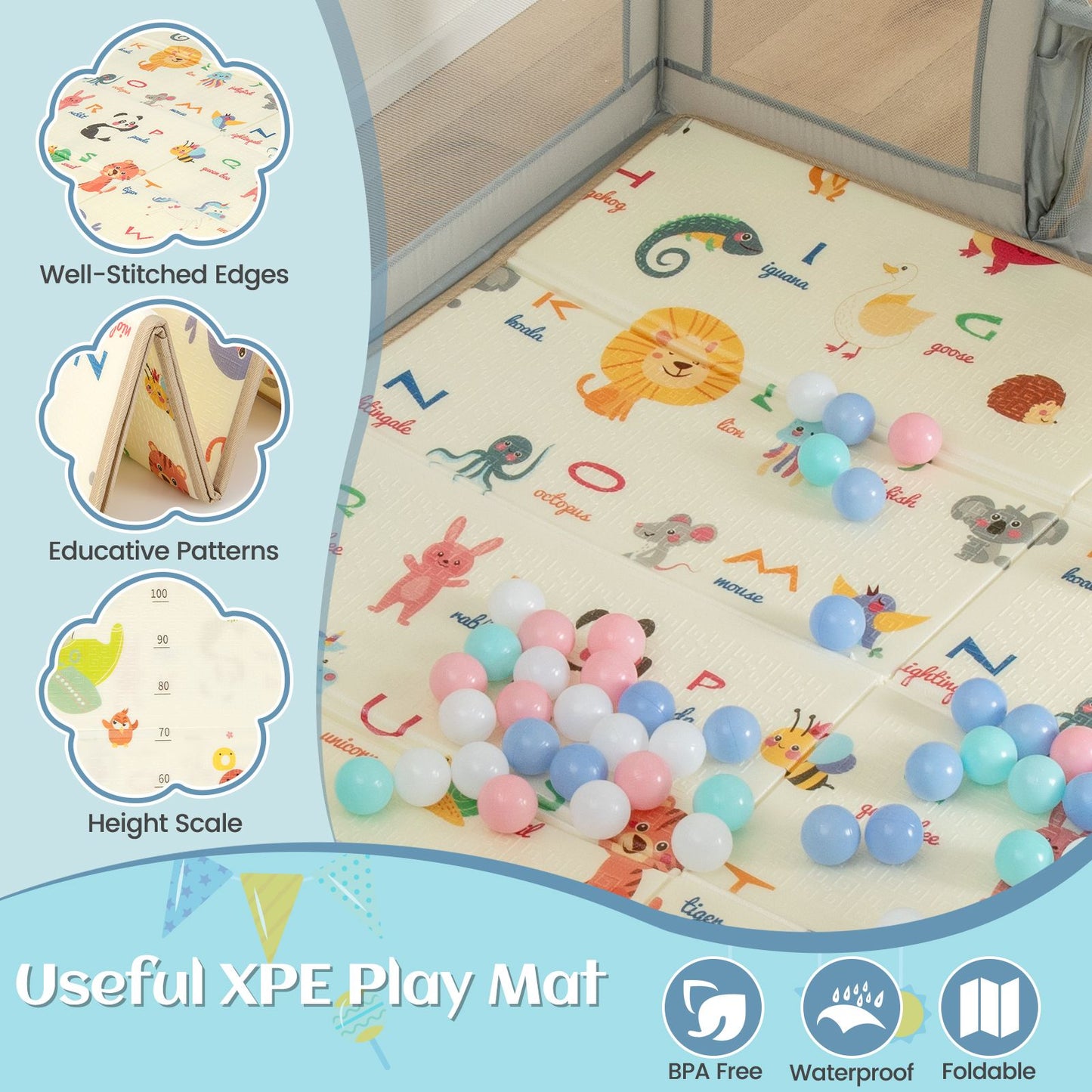 Large Baby Playpen with Safety Mat, Basketball Hoop & 50 Ocean Balls | Indoor & Outdoor Activity Centre