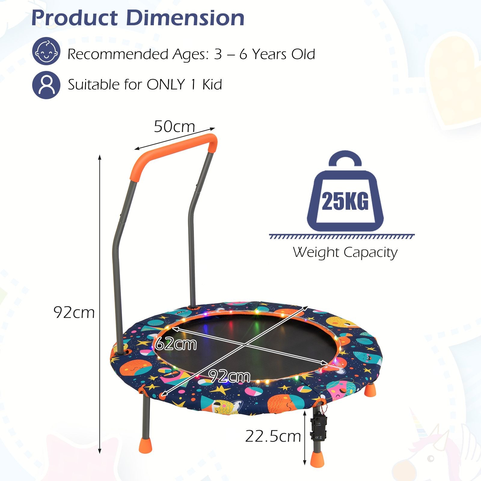Children's Mini Trampoline with LED Lights and Safety Handle