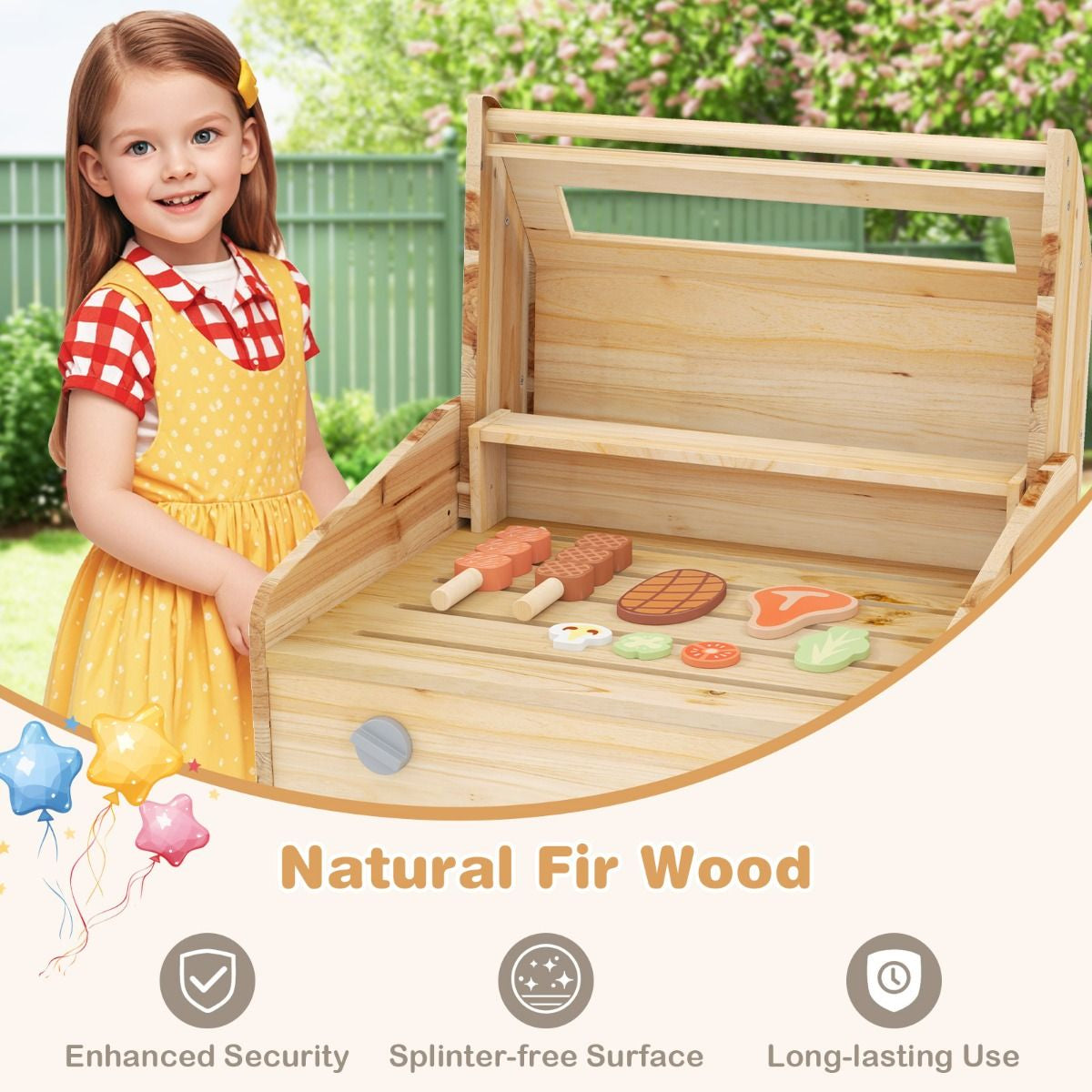 Wooden Barbecue Grill Toy Set with Play Food & Grilling Tools for Kids | Pretend Play Outdoor BBQ Kitchen