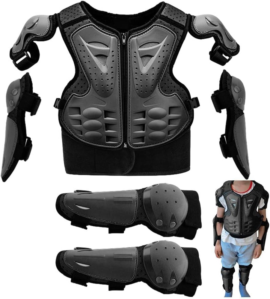 Kids Dirt Bike & Motorcycle Body Armour Set – Protective Vest with Knee & Elbow Pads | Full Riding Gear for Children Ages 6–13 | Black