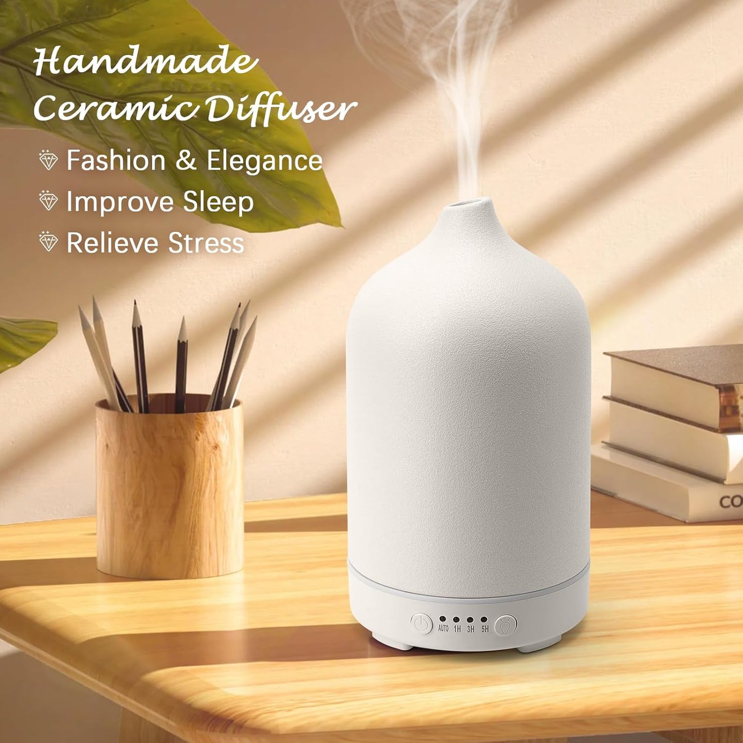 Ceramic Essential Oil Diffuser 250ml – Stone Aromatherapy Diffuser & Air Humidifier | Auto Shut-Off, Timer, 7-Colour Light | Quiet Home & Bedroom Decor (White)
