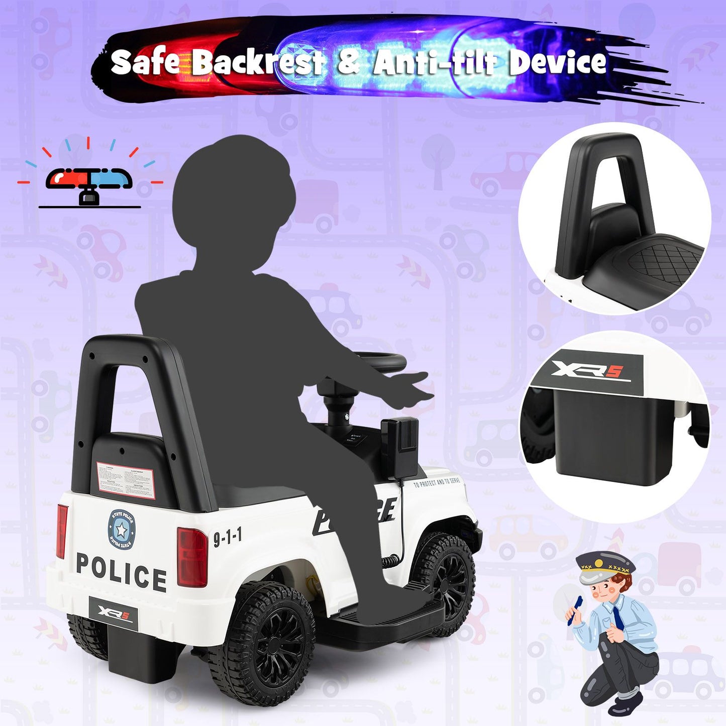 6V Kids Ride-On Police Car with Siren Lights, Megaphone & Hidden Storage | Electric Ride-On Toy for Toddlers