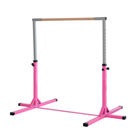 Adjustable Kids Gymnastics Bar – Horizontal Training Bar with Steel Frame & Beech Wood Top, 13 Height Levels (95–145cm), Stable ‘T’ Base – Pink - All Round Fitness