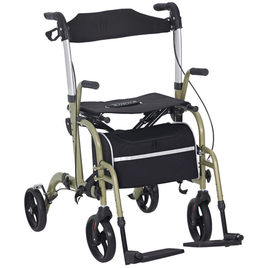 2-in-1 Wheelchair & Folding Rollator Walker with Seat, Lightweight Aluminium, Yellow-Green