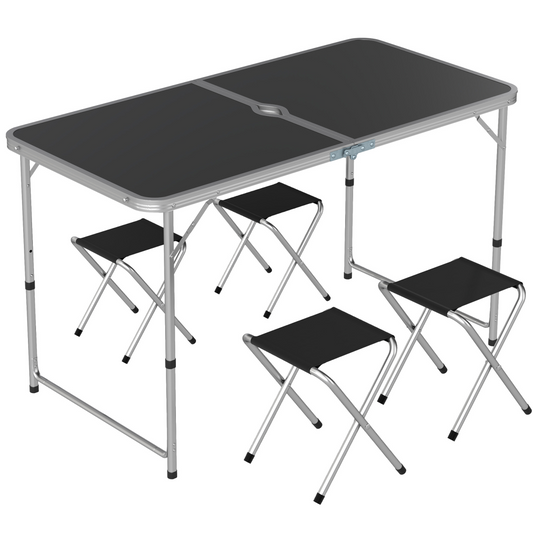 Folding Camping Table & 4 Chairs Set with Adjustable Height & Parasol Hole – Black