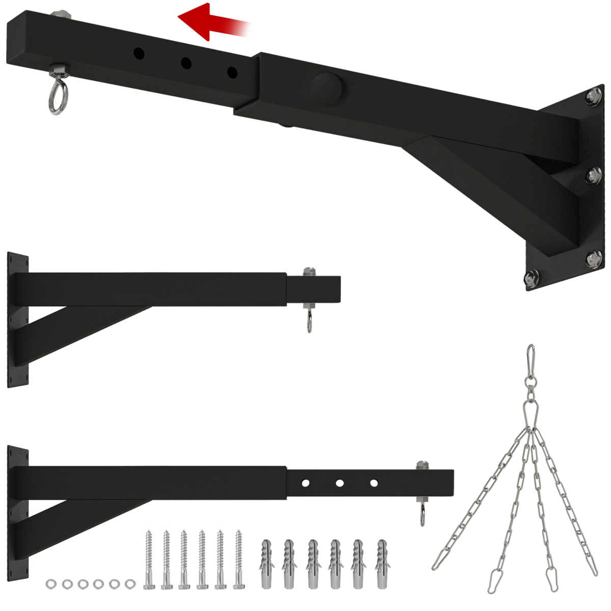 Adjustable Wall-Mounted Punch Bag Bracket – 5 Length Settings with Chains & Swivel Hook