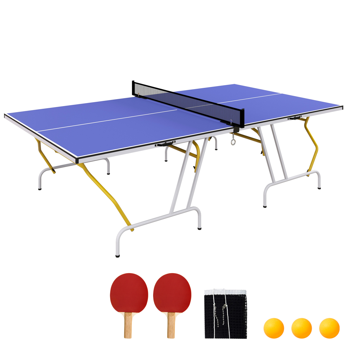 9FT Foldable Table Tennis Table with Net, Paddles, Balls & Protective Cover – Blue