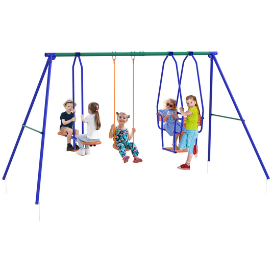 Outsunny 3-in-1 Metal Kids Swing Set with Glider & Rocking Chair – Fits 5 Children, Orange