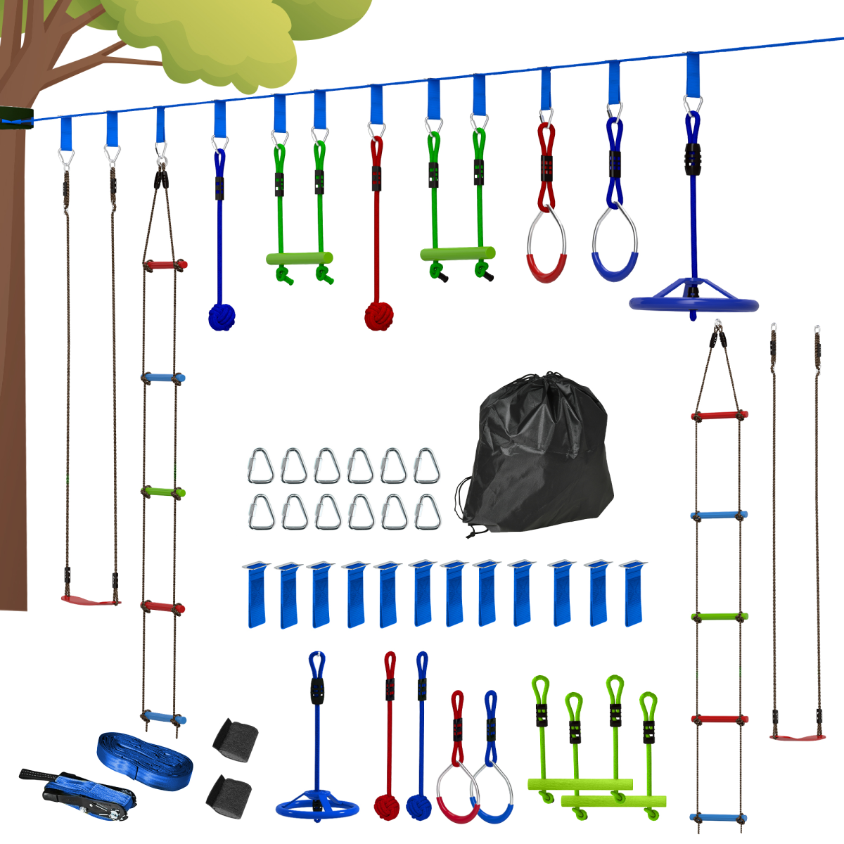 AIYAPLAY Multicoloured Kids Zipline Kit with Monkey Bars, Rings & Rope Ladders – Outdoor Adventure Playset