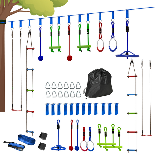 AIYAPLAY Multicoloured Kids Zipline Kit with Monkey Bars, Rings & Rope Ladders – Outdoor Adventure Playset