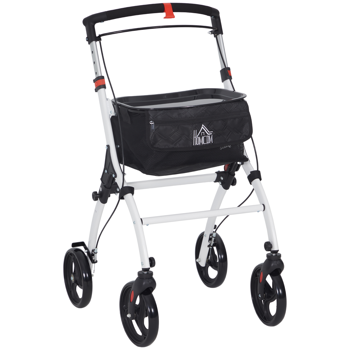 HOMCOM Upright Rollator Walker with Seat Tray, Folding Aluminium Mobility Aid with Storage Bag, White