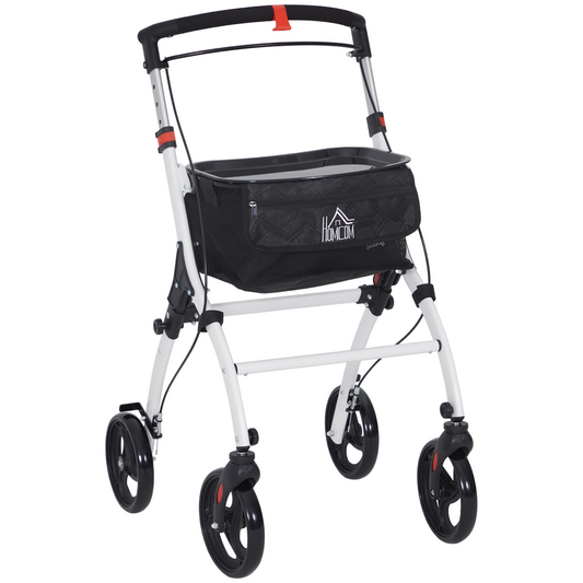 HOMCOM Upright Rollator Walker with Seat Tray, Folding Aluminium Mobility Aid with Storage Bag, White