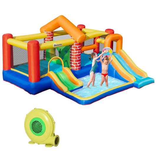 Kids Inflatable Bouncy Castle with Double Slides, Pool, Trampoline & Blower – Outdoor Fun Playhouse