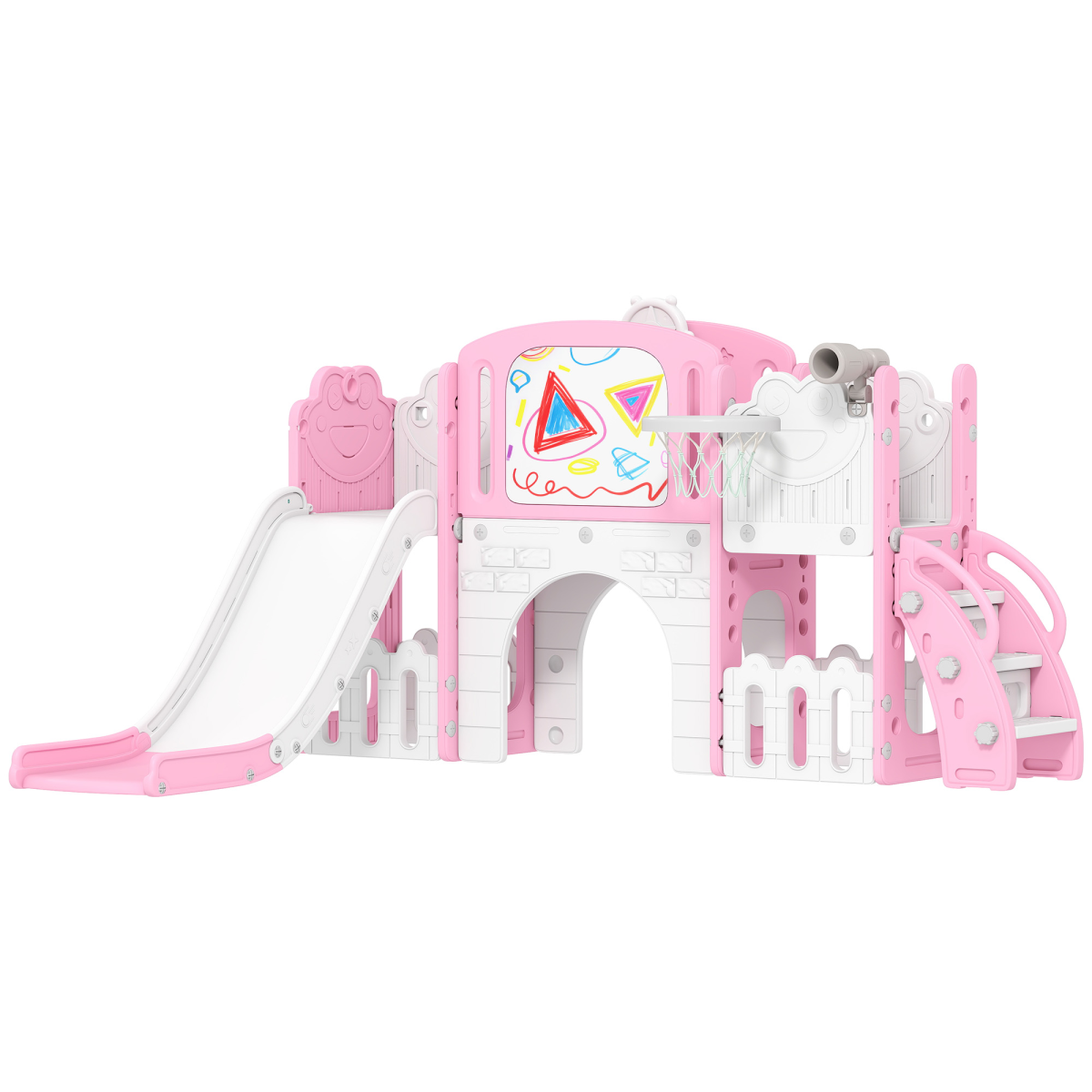 AIYAPLAY 7-in-1 Toddler Slide & Playset with Basketball Hoop, Drawing Board & Tunnel – Pink Frog Theme