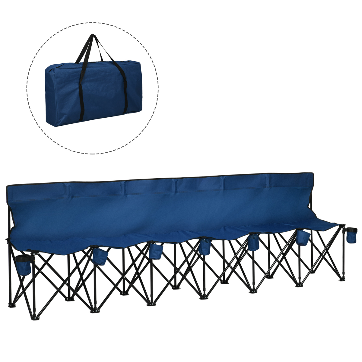 Outsunny 6 Seat Folding Bench w/ Cup Holders & Carry Bag, Steel Frame – Blue