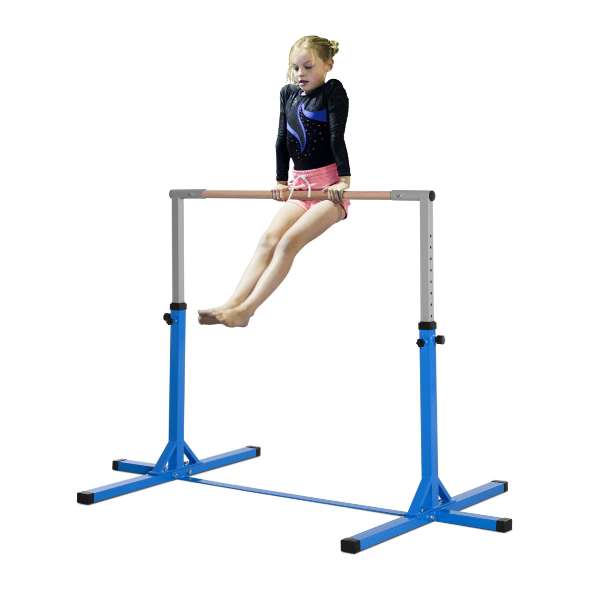 Adjustable Kids Gymnastics Bar – Horizontal Training Bar with Steel Frame & Beech Wood Top, 13 Height Levels (92–150cm), Stable ‘T’ Base – Blue - All Round Fitness