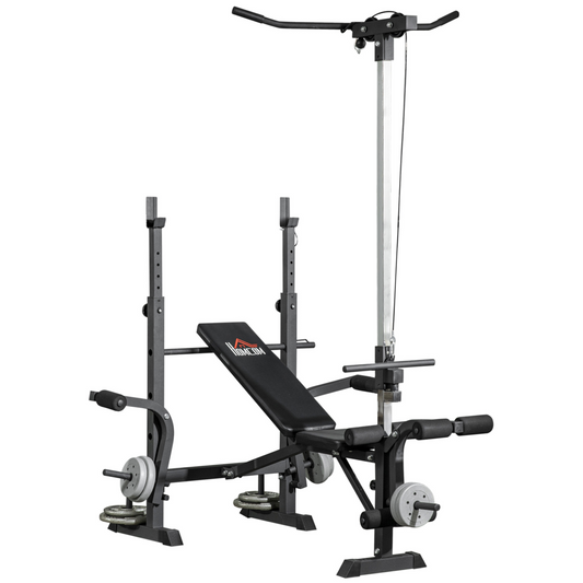 Adjustable Weight Bench with Barbell Rack & Pulley System – Full Body Workout