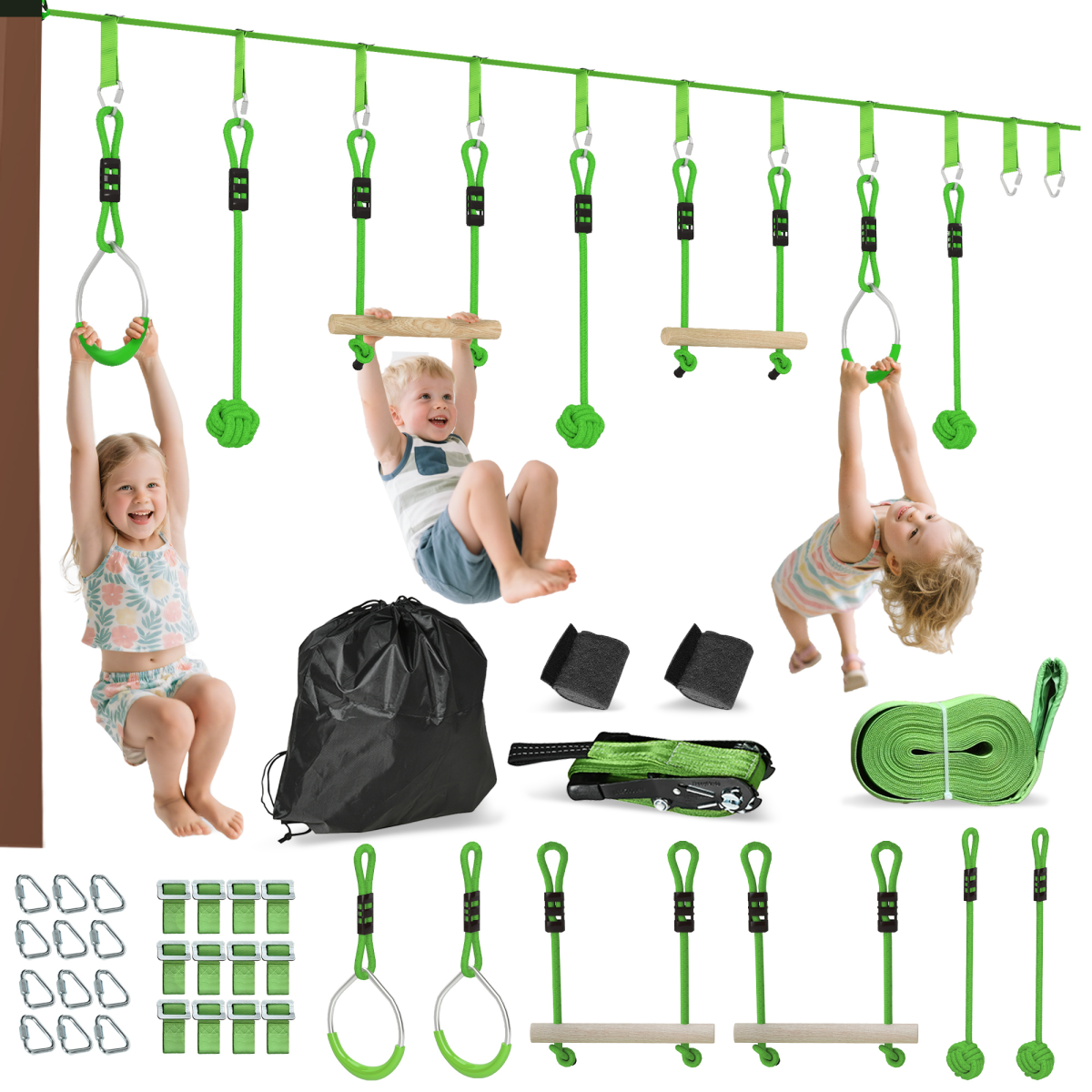 AIYAPLAY Kids Zipline Kit with Rings, Monkey Bars & Grip Balls – Outdoor Adventure Playset, Green