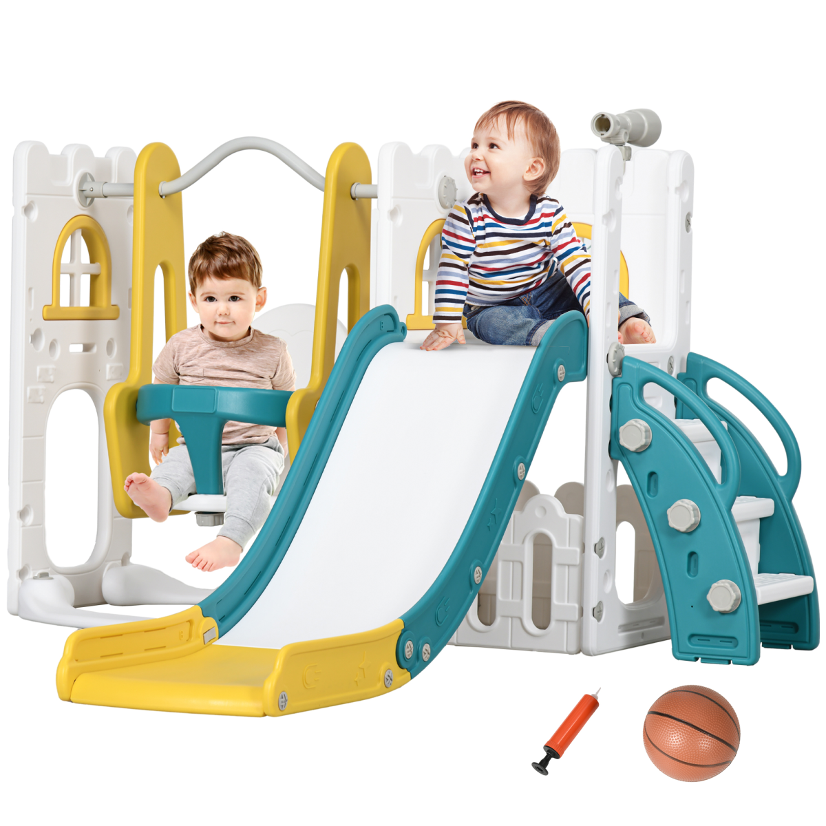 AIYAPLAY 6-in-1 Toddler Climber & Playset with Slide, Swing, Basketball Hoop & Telescope – Yellow
