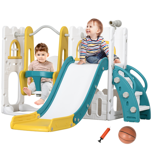 AIYAPLAY 6-in-1 Toddler Climber & Playset with Slide, Swing, Basketball Hoop & Telescope – Yellow