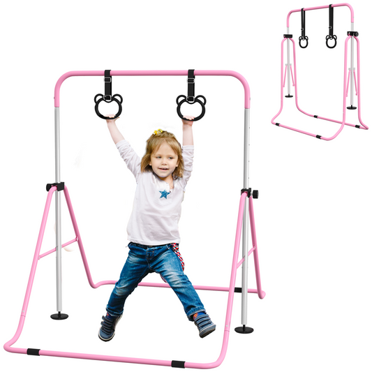 AIYAPLAY Adjustable Kids Gymnastics Bar with Rings – Foldable, Height Adjustable – Blue, Green, Purple & Pink