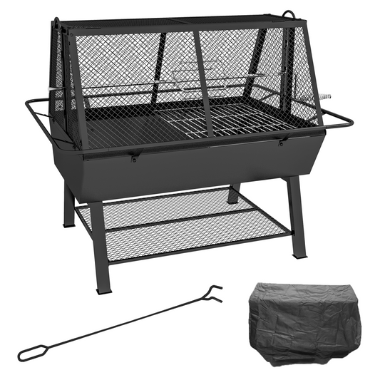 3-in-1 Outdoor BBQ Grill, Rotisserie & Fire Pit with Mesh Cover