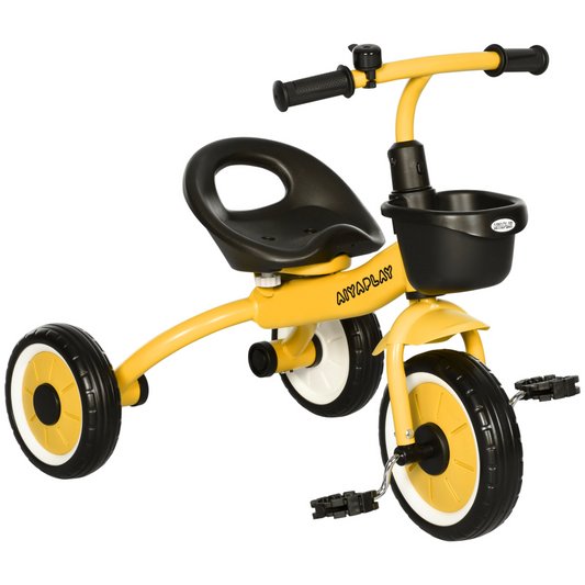 AIYAPLAY Trike with Adjustable Seat & Basket – Kids Tricycle for 2-5 Years (Yellow)