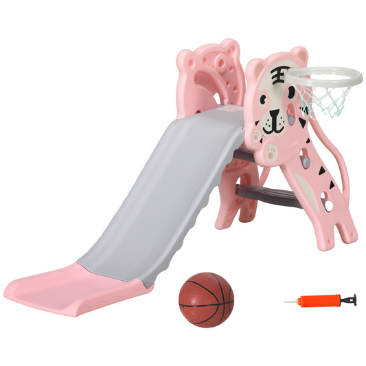 AIYAPLAY Kids Slide with Basketball Hoop & Ball – Pink  Tiger Theme for Ages 18–36 Months