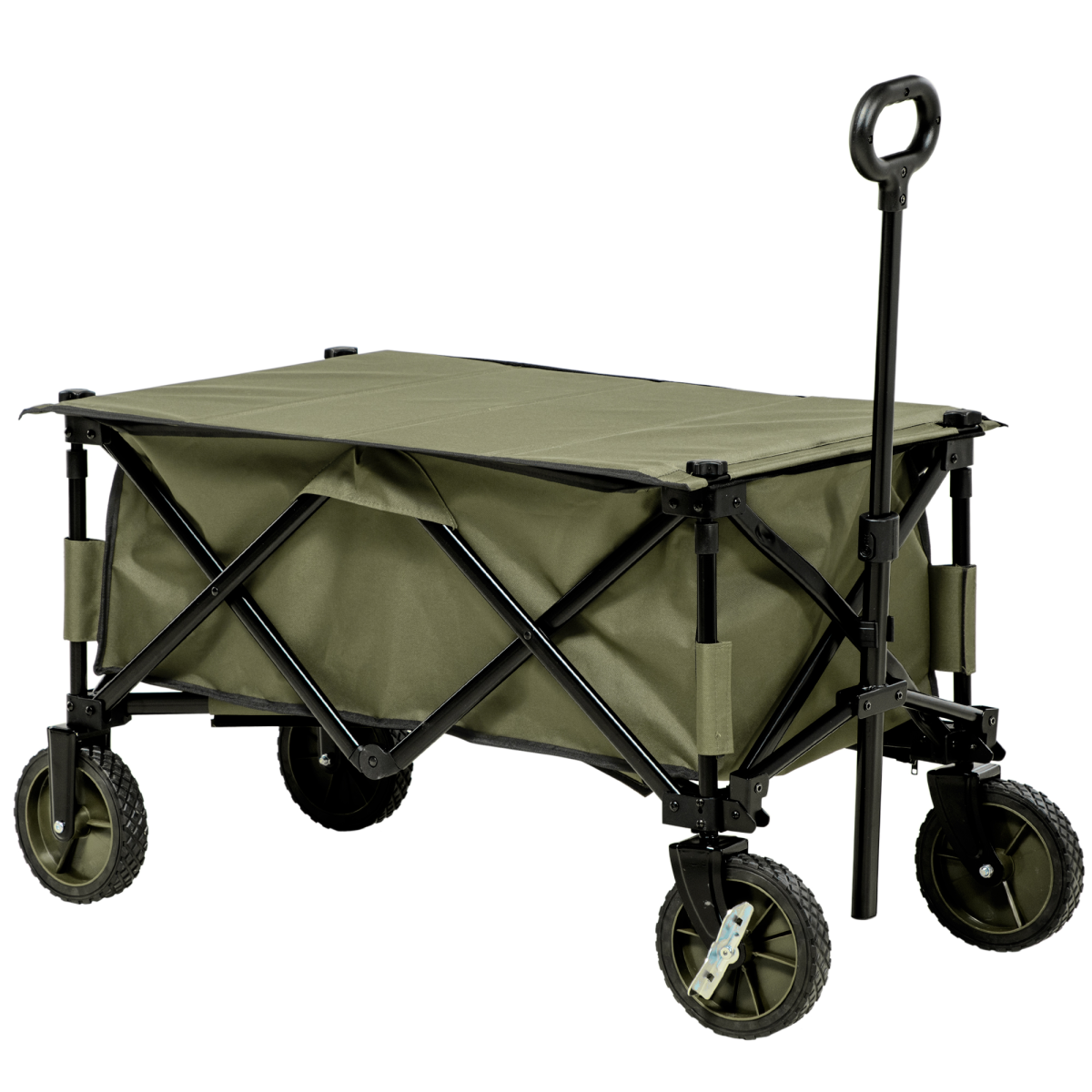 Folding Garden Trolley – Collapsible Utility Cart with Cover & Pockets, 100kg Load, Khaki Green