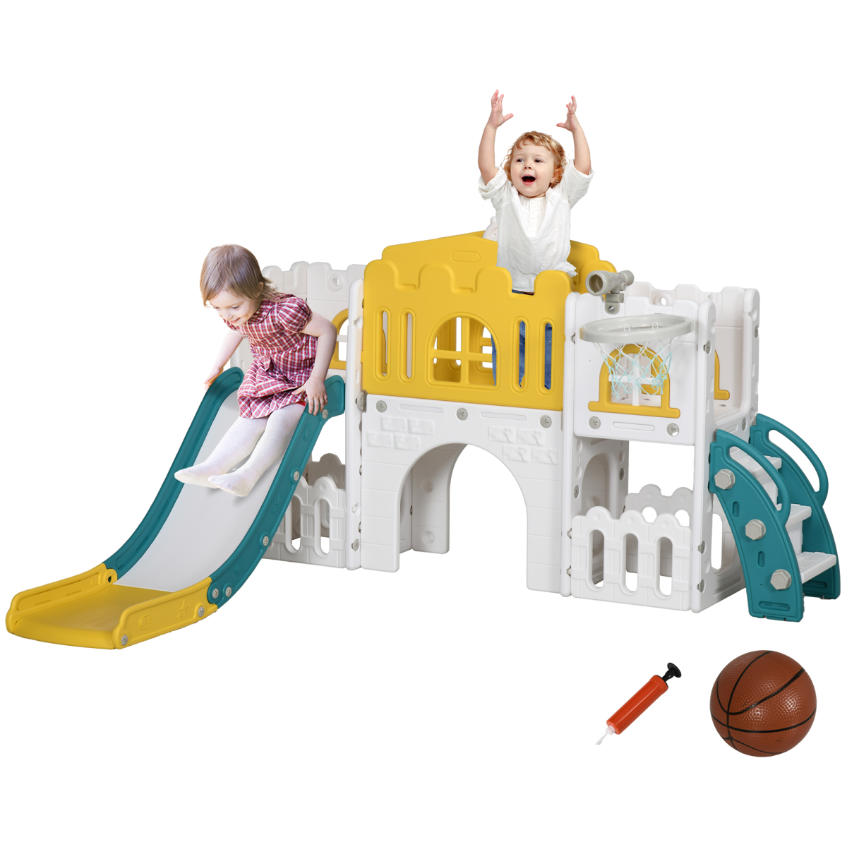 AIYAPLAY 7-in-1 Toddler Slide & Playset with Basketball Hoop, Tunnel & Storage – Yellow Castle Theme
