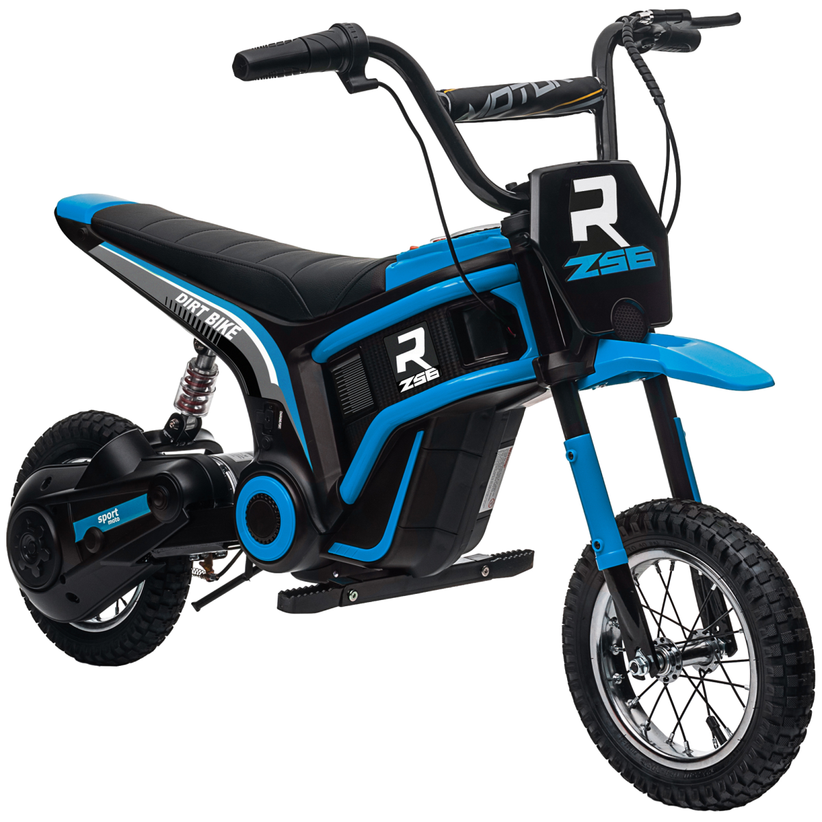 Kids 24V Electric Dirt Bike with Twist Throttle, Music, Horn & Shock Absorption – Black & Blue
