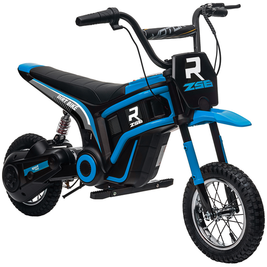 Kids 24V Electric Dirt Bike with Twist Throttle, Music, Horn & Shock Absorption – Black & Blue