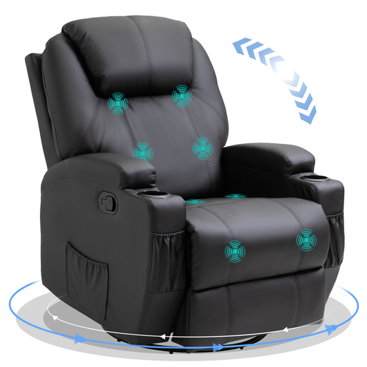 Faux Leather Electric Massage Recliner Chair – 8-Point Vibration, Remote Control & 360° Swivel - All Round Fitness