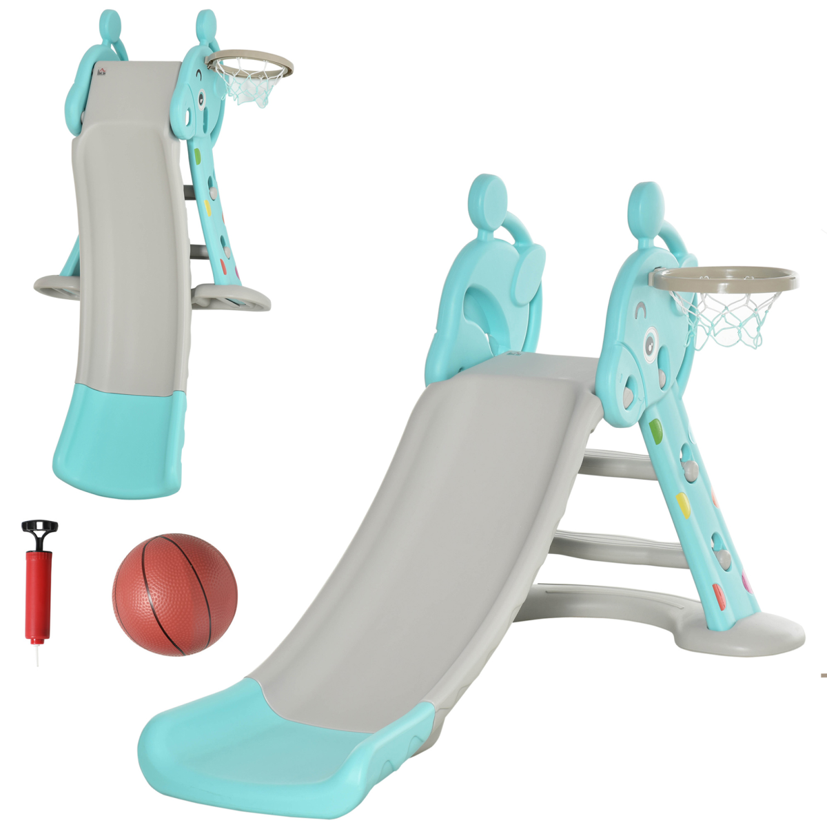 AIYAPLAY 2-in-1 Toddler Slide with Basketball Hoop, Foldable Indoor Playset – Deer Blue, 18 Months–4 Years
