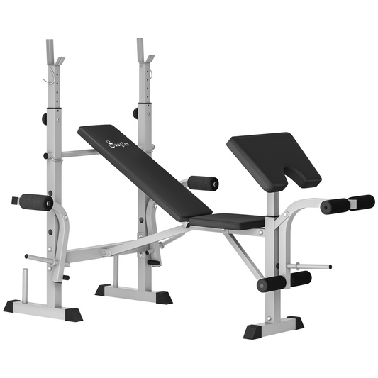 Adjustable Weight Bench with Squat Rack, Leg Developer & Preacher Curl, Grey