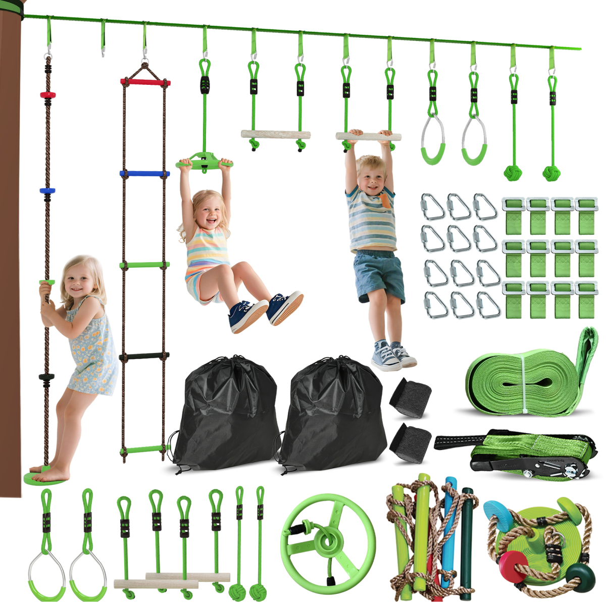 AIYAPLAY Kids Obstacle Course with 10PC Slackline Kit – Outdoor Adventure Playset, Green