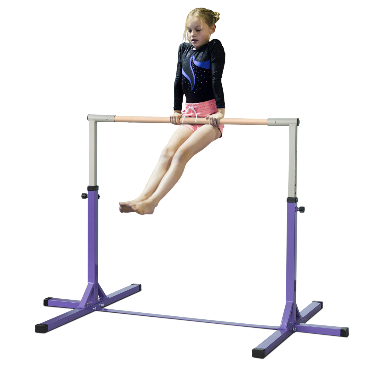 Adjustable Kids Gymnastics Bar – Horizontal Training Bar with Steel Frame & Beech Wood Top, 13 Height Levels (95–145cm), Stable ‘T’ Base – Purple - All Round Fitness